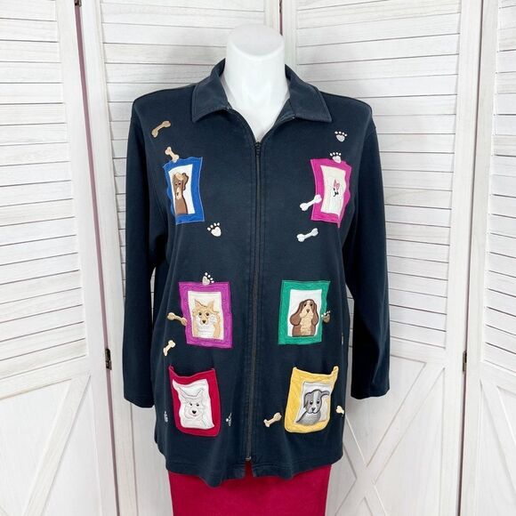 Bechamel Dog Lover Embroidered Patches Full Zip Cardigan Jacket Blue Large - Picture 1 of 11